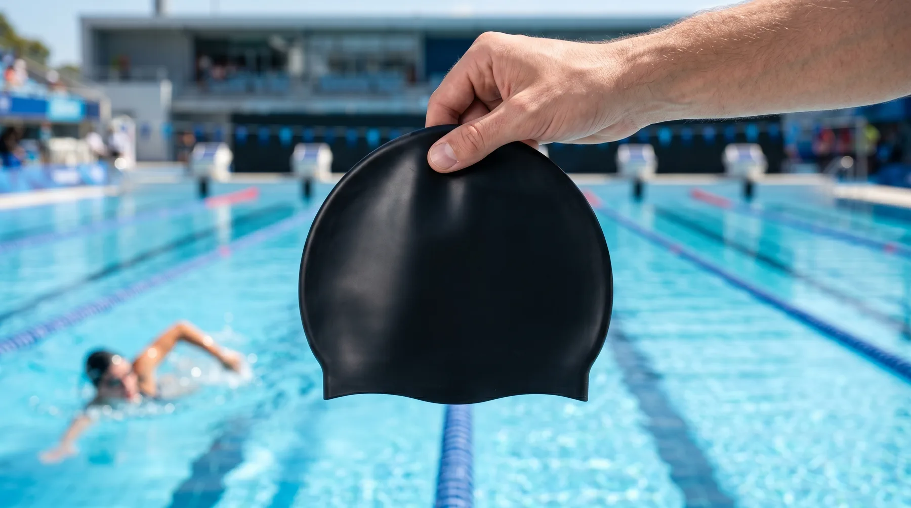Bedruckte Badekappe am Schwimmbecken
